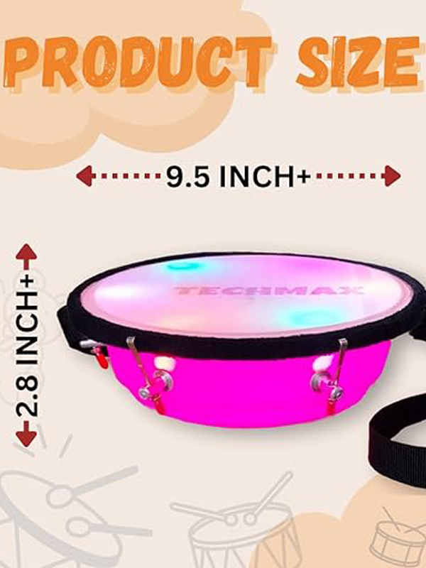 Lighting Dholak Tasha - Sensor Based - Rechargeable (Pink - Single Side - 9INCH)