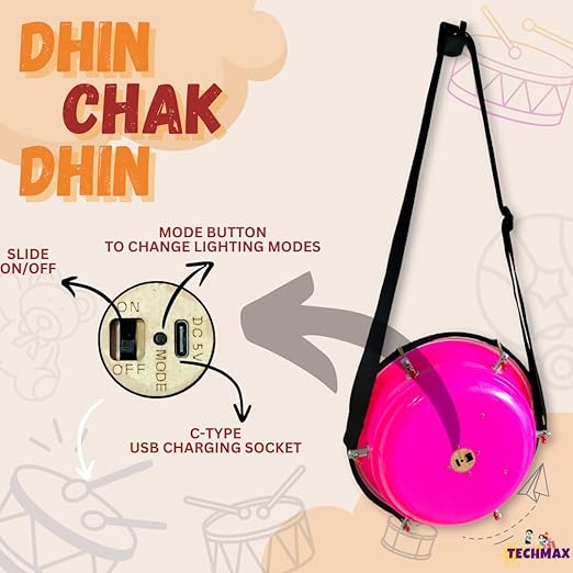 Lighting Dholak Tasha - Sensor Based - Rechargeable (Pink - Single Side - 9INCH) - Image 3